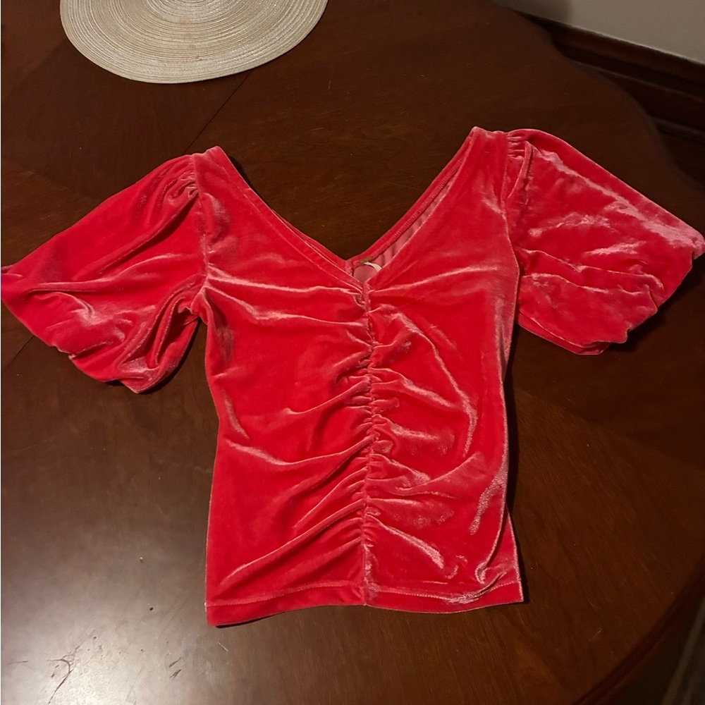 XS Free People Pink Velvet Ruched V-Neck Puff Sleeve Top